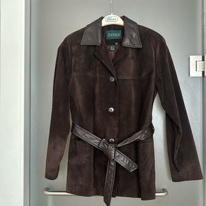DANIER brown suede leather jacket with leather collar and belt